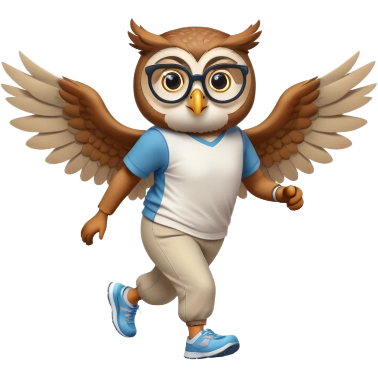 friendly anthropomorphised owl with visible wings, in pants and a shirt, wearing glasses, jogging upright, standard pose emoji