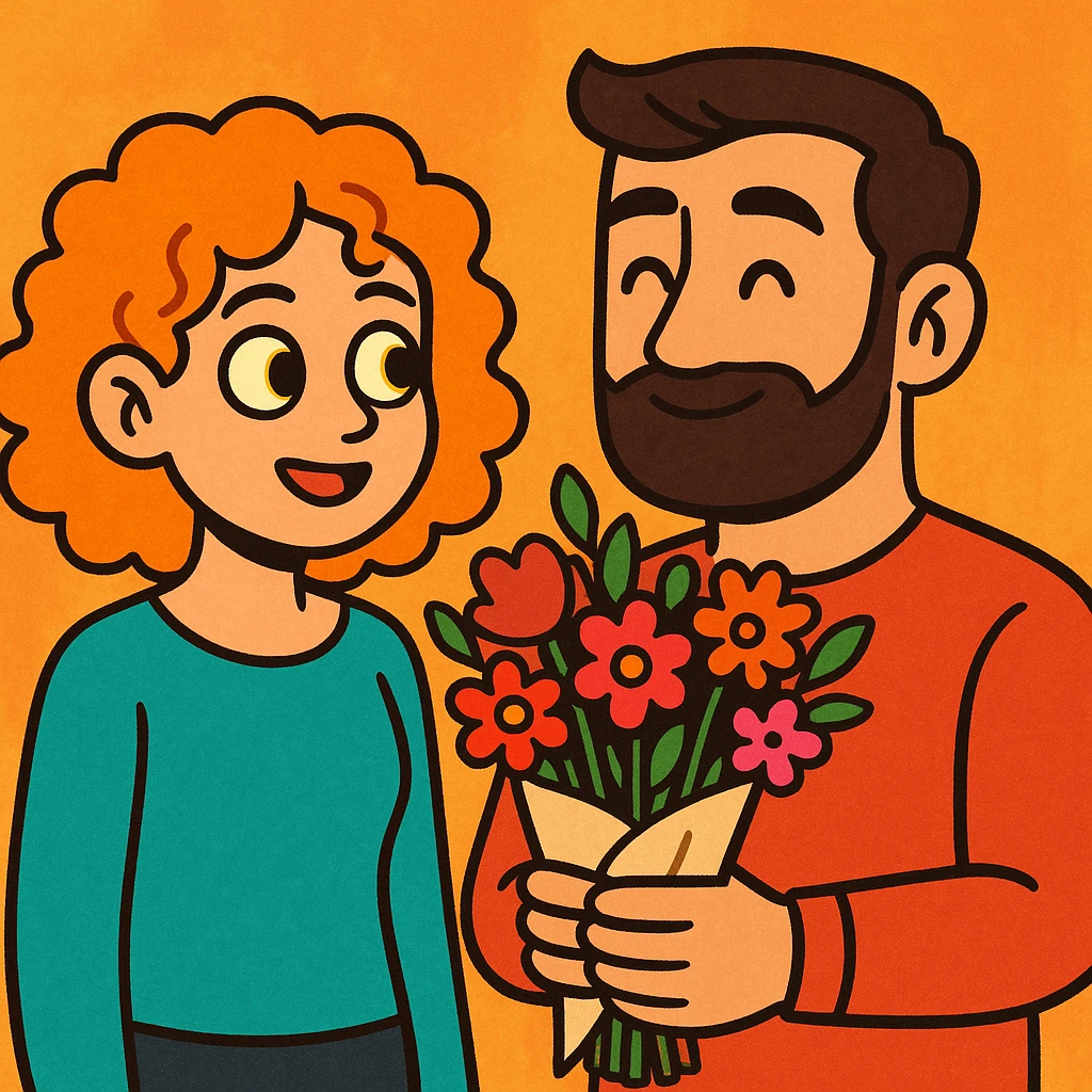 a curly haired girl with yellow eyes and hair parted from the right side, with a handsome bearded man holding a bouquet, cartoon, warm, and inviting emoji