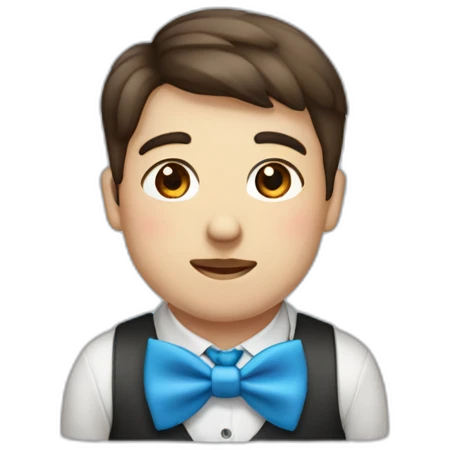 A young male tennager with big cheeks with a beauty spot on chin with a round face and very short brown hair and a mole on chin wearing a blue bow tie emoji
