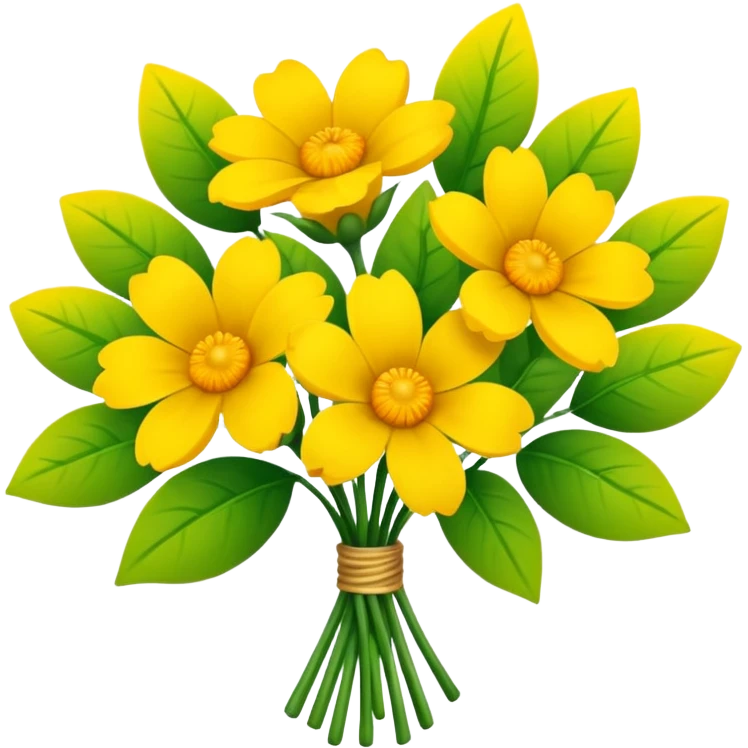 Generate a high-quality image of a bouquet of flowers dominated by yellow blooms, with a mix of green leaves, realistic colors and shading, smooth gradient colors, no human figures, no facial features, no brand markings, simple white background, high-resolution.
 emoji