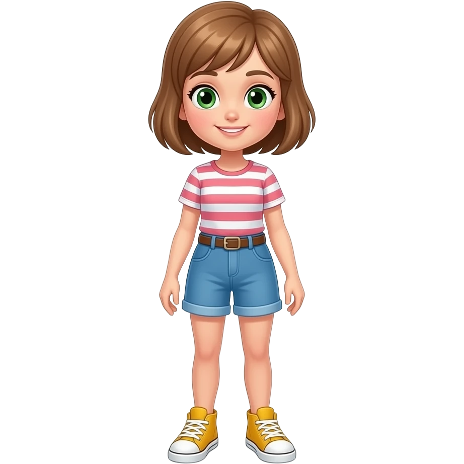 quiero una chicade estatura baja que tenga el pelo marron  muy claro y con los ojos verdes que sea delgada y vista con colores animados en verano y que se le vea entera y ponga el nombre de carol que sea delgada y un poco mas maior emoji