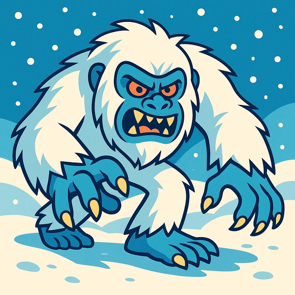 A Yeti creeping towards the viewer, snowy fur, menacing but cartoonish expression, visible claws, snowy background, dynamic pose emoji