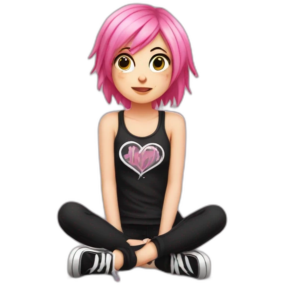 full body Front view curvy emo girl pink hair sits on the floor straight view hands up черная юбка белые трусики рваные полосатые чулки emoji
