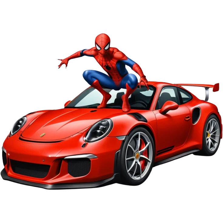 Die-cut sticker of Spider-Man sitting on a Porsche 911 GT3 RS, bold vector art, thick white border, isolated on green hilly background. emoji