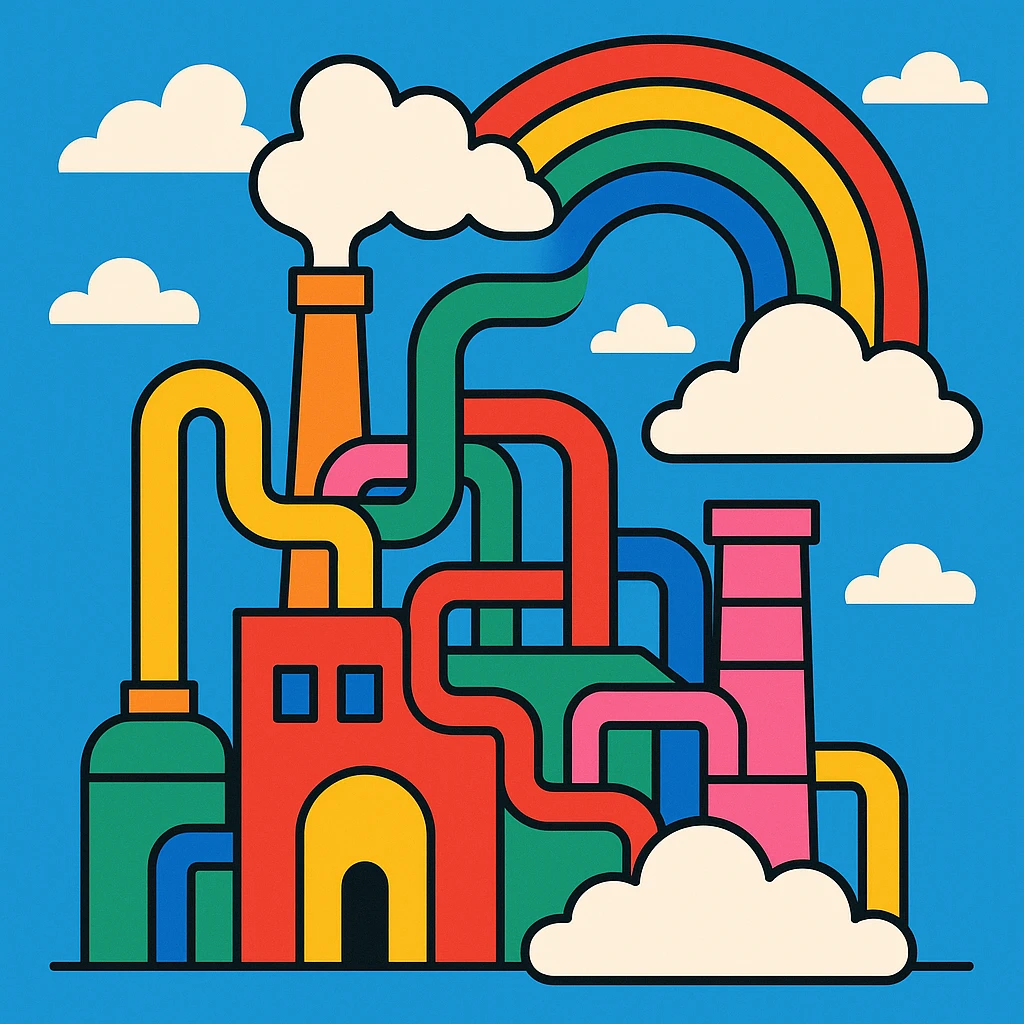 a whimsical rainbow factory with colorful pipes and clouds, vibrant and playful emoji