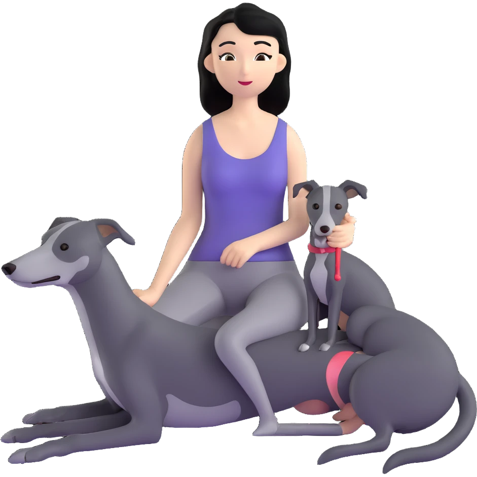 Very thin Chinese woman with long black hair relaxing in a luxurious hotel suite with exactly ONE whippet dog. EXTREME IMPORTANCE: the whippet must be ONE SOLID VERY DARK CHARCOAL GREY COLOR from nose to tail with ABSOLUTELY NO WHITE MARKINGS anywhere - NO white on face, NO white on muzzle, NO white on chest, NO white on paws, NO white on tail - NOTHING BUT A SINGLE SHADE OF VERY DARK GREY throughout the entire animal emoji