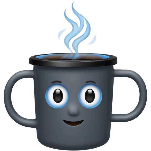 black hot coffee mug to go with black lid and a blue circle sticker emoji