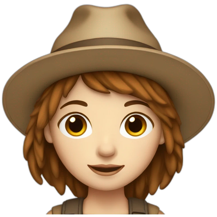 white skin, Girl with a hat, brown hair straight to the shoulders, holding a laptop emoji