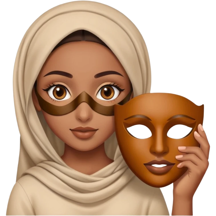 A  beautiful marrocan girl holding a brown mask emoji