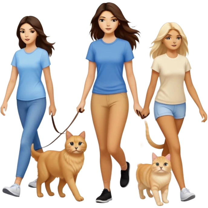 Kendall Jenner with long brown hair walking a golden retriever dog and three cats, two cream colored cats and one white and blue cat emoji