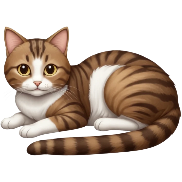 dark brown tabby and white cat with doing a big extremely long stretch reaching up into the air with arms and legs side by side together straight and overextended whilst lying on its side emoji