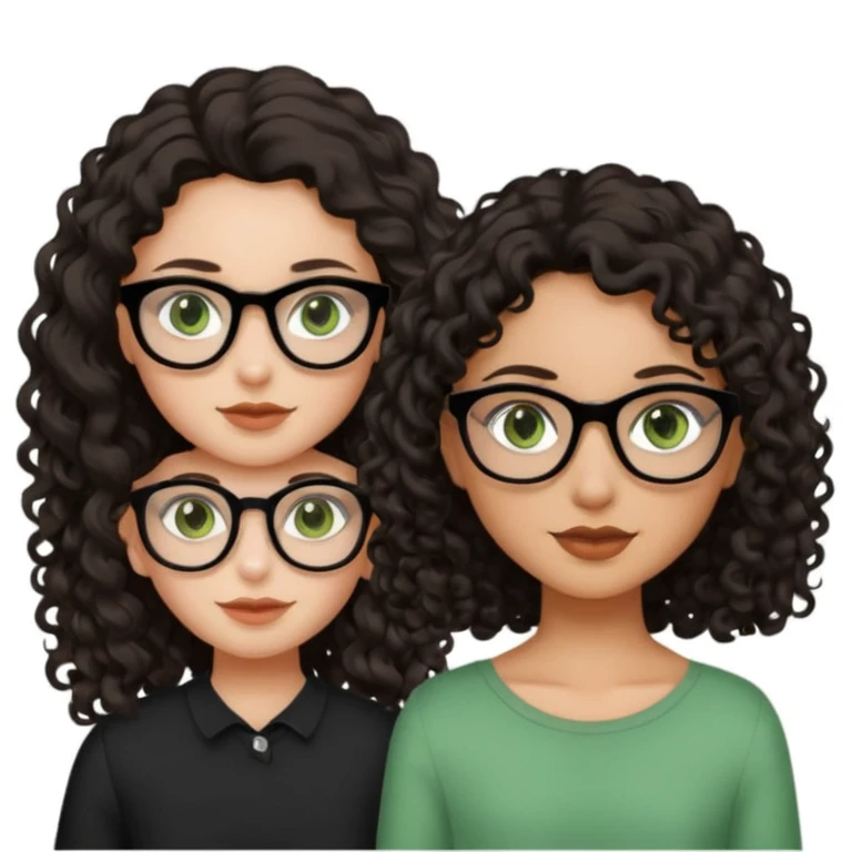 One girl with long dark brown hair, black glasses, green eyes, and neutral skin tone. Another girl with black curly shoulder length hair, hazel eyes, neutral skin tone  emoji