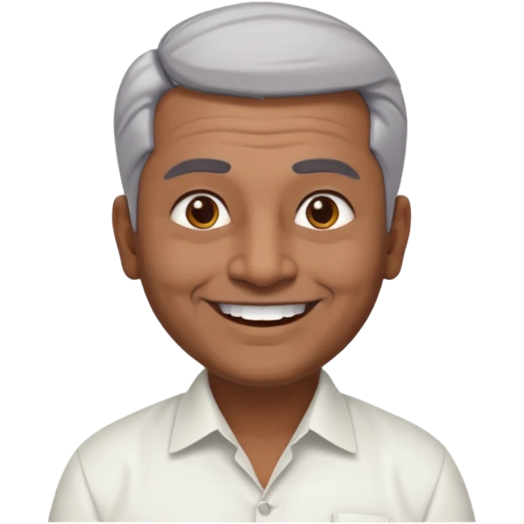 50 yr old indian man, dark skin, grey hair, big smile, white teeth, chubby, no moustache, clean shaven, young style hair, hair brushed back, 5 oclock shadow, bindy, dress shirt, forehead dot emoji