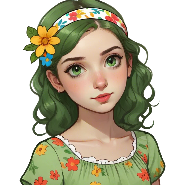 a girl has green eyes and medium length wavy hair, small lips and pretty nose  emoji