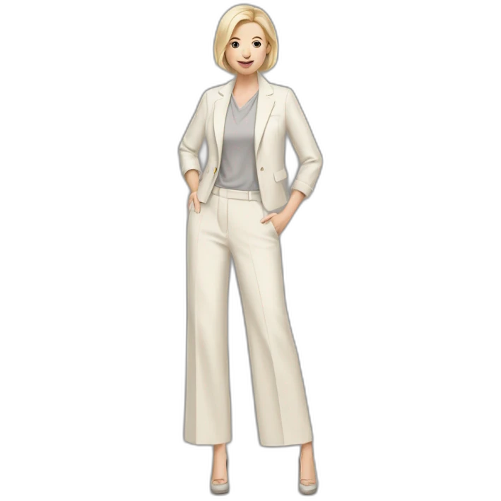 Full height Actively gesturing with hands pale skin woman with ash blonde Straightened bob Hair, White Spacious classical jacket, beige palazzo Arrow pants and gray blouse emoji
