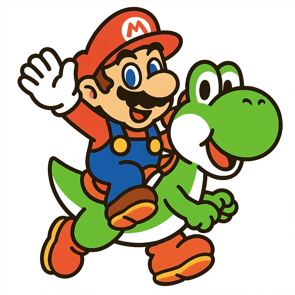Mario riding on Yoshi, vibrant and playful, emoji style emoji