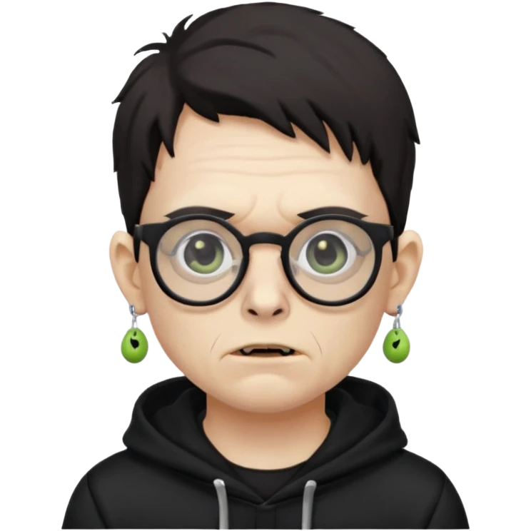 Chico moreno zombie, con gafas y sudadera negra, dos aretes en la oreja izquierda y dos en la derecha, ojeras en los ojos y emoji