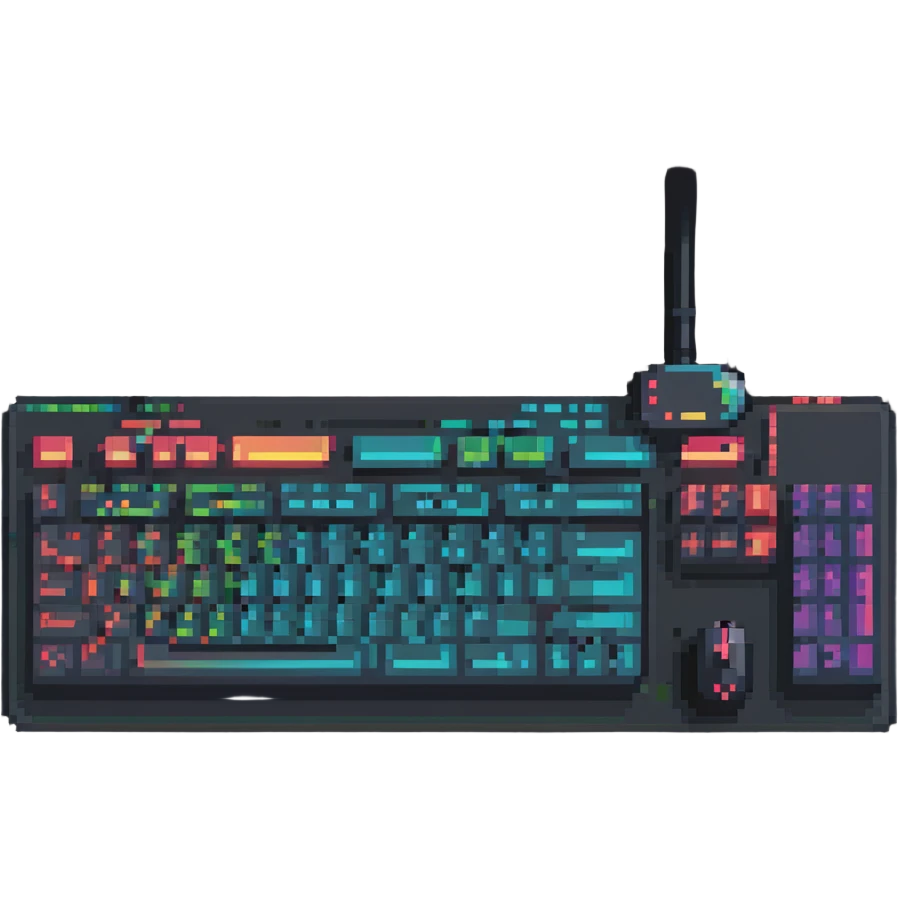 pixel art style computer mouse and keyboard together with colorful keys emoji