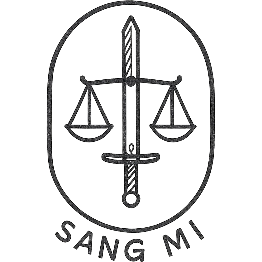 A minimalist emblem for SANG MI, highlighting a minimalist sword and scales icon. The design should use a muted and professional color scheme, with a small, discreet 'SP' insignia. The overall look should be modern and covert, suitable for a secretive investigative unit. emoji