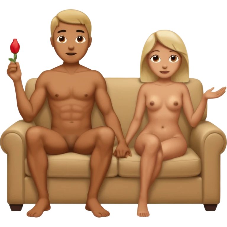 Мужчина сидит на диване полностью голый, а женщина рядом с ним сидя тоже полностью голая держит его хуй  emoji