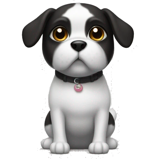 small dog with crooked front leg. black head, white body. emoji