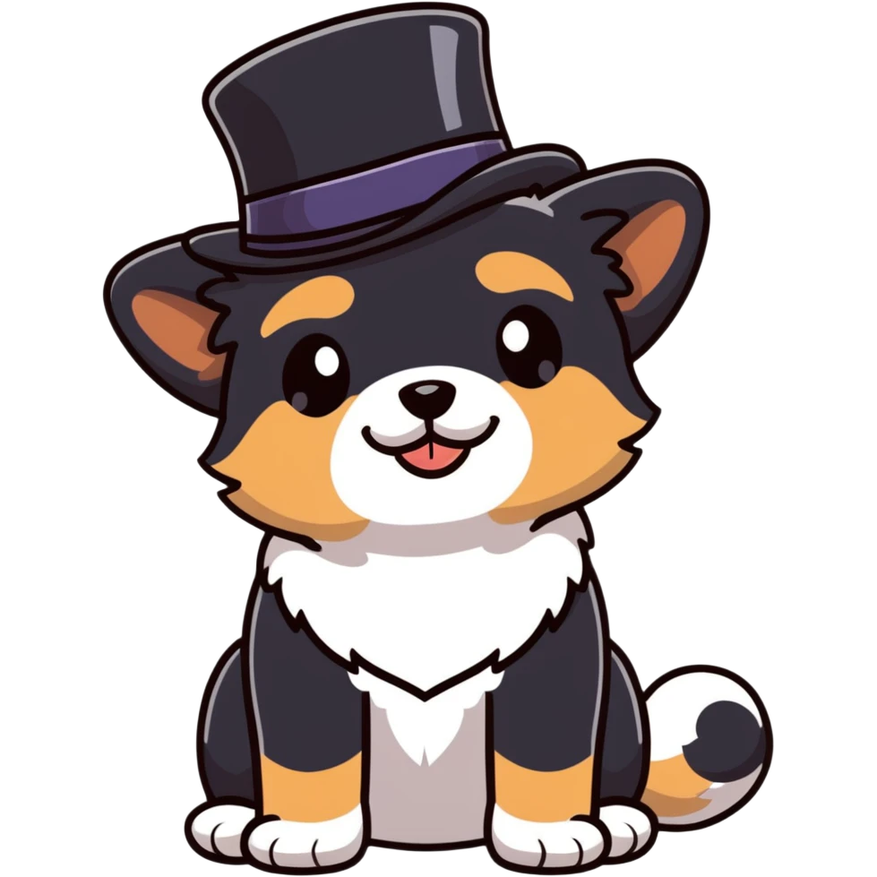 cute small dog with plain light tan fur, black nose, black round eyes, curly fluffy medium length hair, wearing a top hat emoji