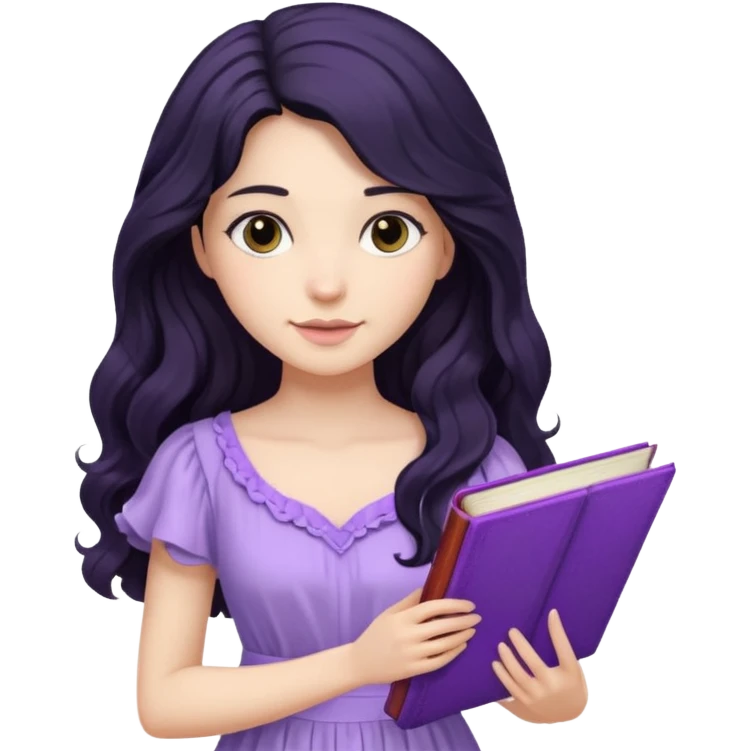 Long Hair Women with purple Book, Black wavy hair, light dress emoji