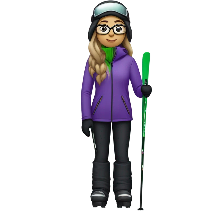 Green-eyed, slightly overweight female skier with long straight hair, glasses, purple snow jacket, long black pants, black only snow boots, black skis standing tall. emoji