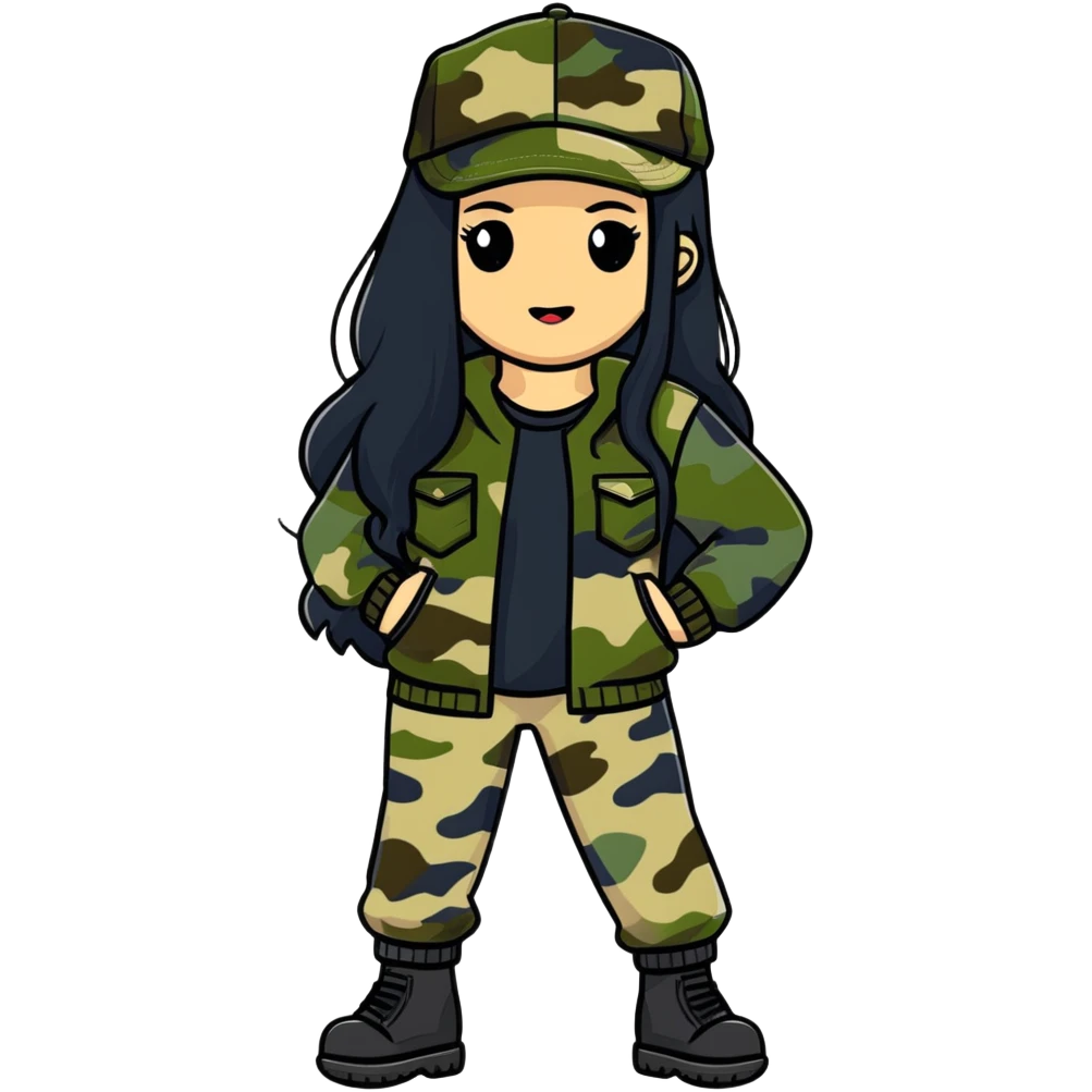 woman with long black hair in camouflage outfit wearing IC daddy cap emoji