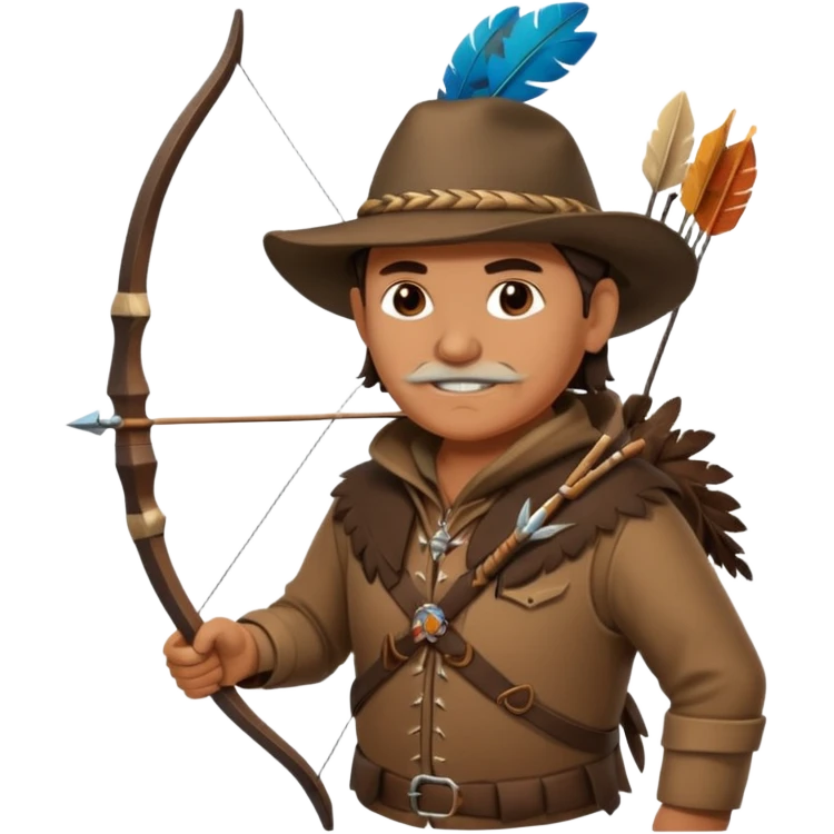 A classic middle-aged hunter with a bow and arrow on his back, dressed in brown clothes and decorated with feathers or bone teeth emoji