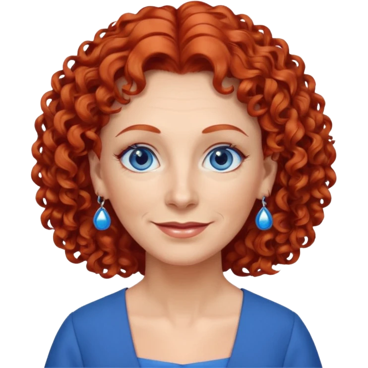 una profesora mayor simpática con el pelo rojo rizado, ojos azules, vestido azul y pendientes azules emoji