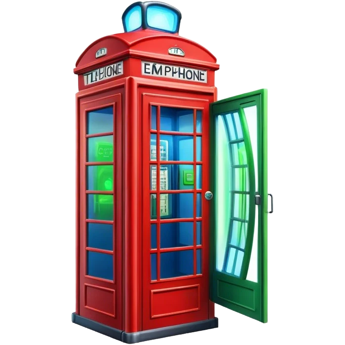 A red phone booth transformed into a time machine with glowing elements emoji