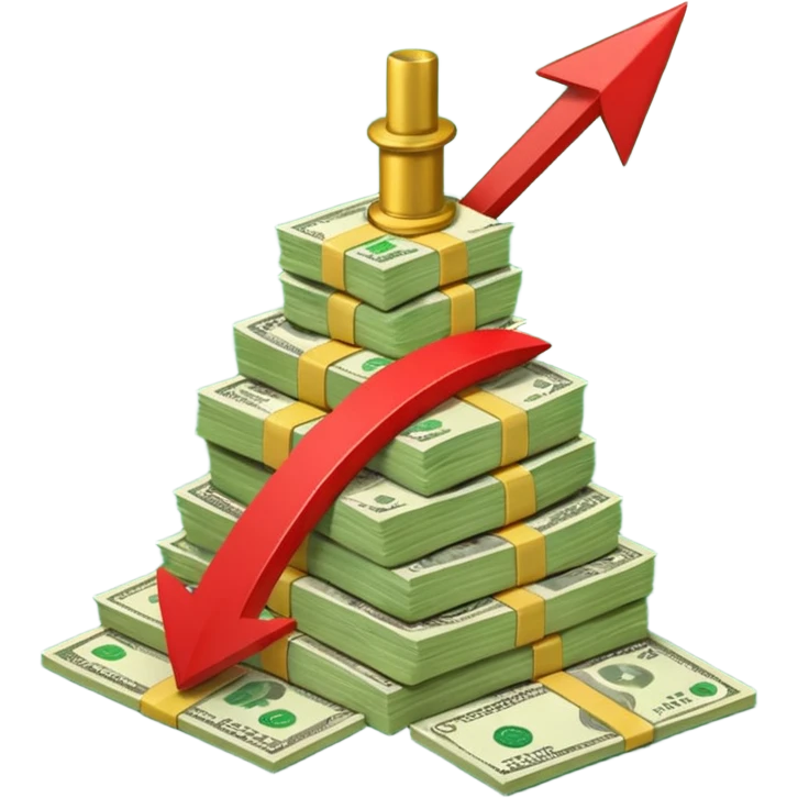 a pile of money infront of strategy paper with red arrow up emoji
