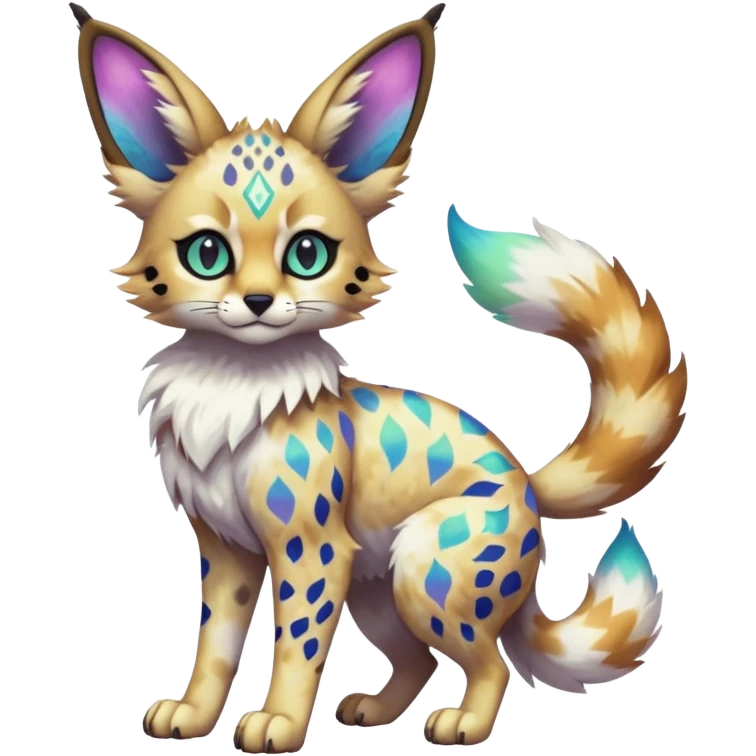 Rare iridescent white exotic epic aesthetic colorful Trico-Eevee-Serval-Genet-species-Fakemon-hybrid-creature, with intricate tattoo markings, full body emoji