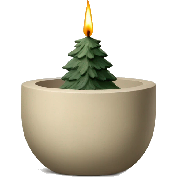 Candle in beige concrete vessel with painted pine trees emoji