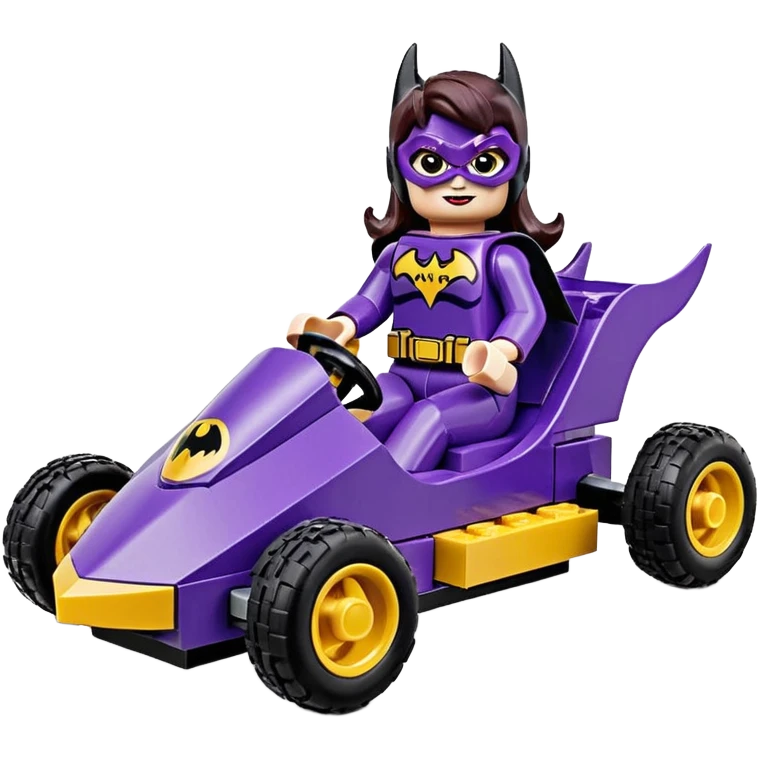 Hot full size real-appearance retro electric racing action BatGirl’s Lego feminine midnight-purple tight outfit sixty’s tv show 1992 stealthy retro sporty safe plush petite off-road pursuit cruiser car rose gold accents (black hair,reclined and relaxed torso seating position) go kart  emoji