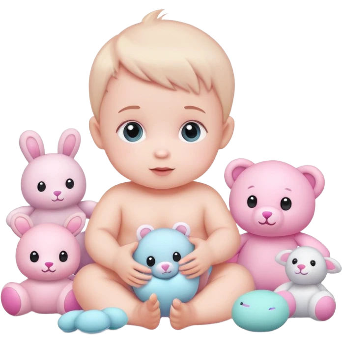 cute baby playing with pastel pink toys and plushies emoji