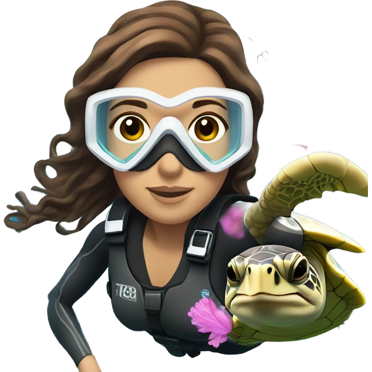 Woman Scuba diving underwater with a turtle, the woman should have brown wavy hair, brown eyes, white skin tone and pink mask / fins emoji