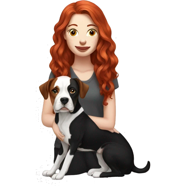 Long Red haired woman with septum piercing holding black and white English Staffordshire dog emoji