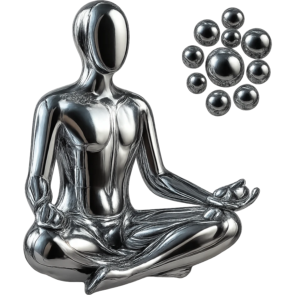 reflective chrome silhouette of a meditating person with a cluster of chrome spheres floating nearby, highly metallic emoji