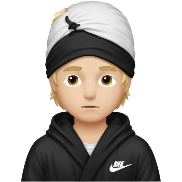 Create a blond boy with long, messy hair, light eyes, a white t-shirt, rich, with long hair, blue eyes, medium-length, voluminous hair, wearing a black Nike bathrobe and a little blush near his nose. and with a balaclava, type bandit balaclava covering the whole face[ emoji