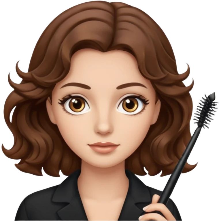 Cabello ondulado castaño ojos color café claro con una máscara de pestañas en la mano emoji