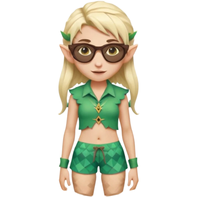 elf female legolas portrait, patterned board shorts (geometric/abstract), unique wooden-framed sunglasses, undercut hairstyle, slight smirk, visible pointy ears, no background, centered emoji, hipster summer vibe emoji