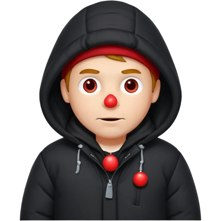 A man sitting on a chair, wearing a puffed coat with hood, hands in his pocket, freezing in the winter emoji