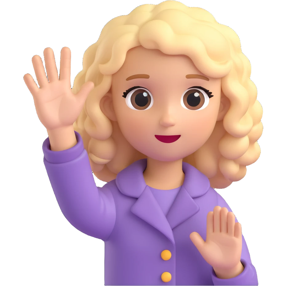 cute blonde girl with curly hair, hand raised to signal stop emoji