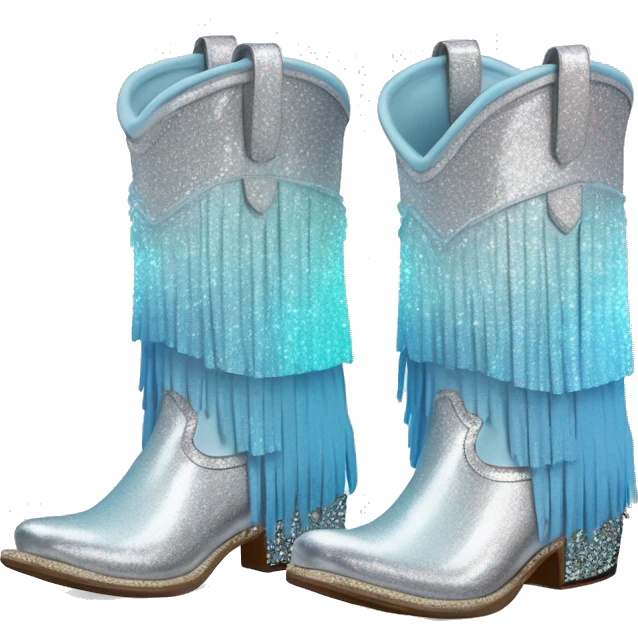 Realistic silver and pastel blue ombre pair of fashion cowgirl boots with sparkly shiny glitter fringe on them. emoji