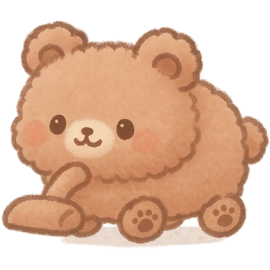 adorable kawaii chibi fluffy vacuum cleaner bear, tiny paw wheels, rolling, soft brown pastel, full-body emoji