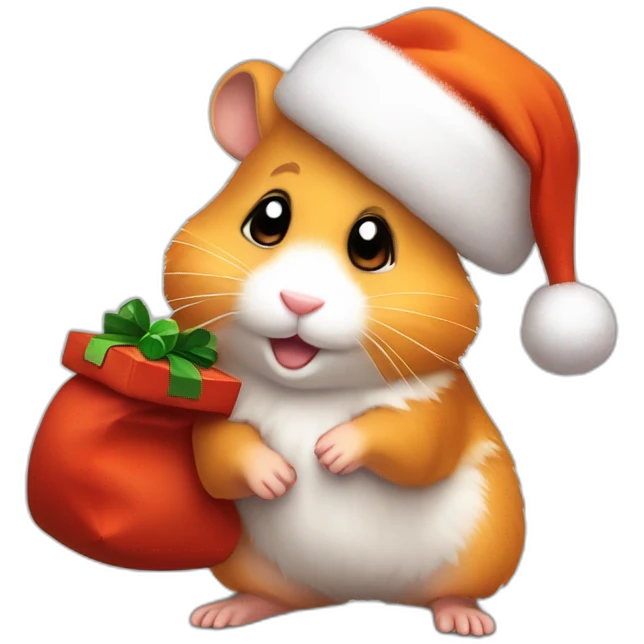 A joyful (((Orange Hamster))) dressed as ((Santa Claus)), with a warm expression and and a sack of gifts with a christmas hat, pixelart emoji