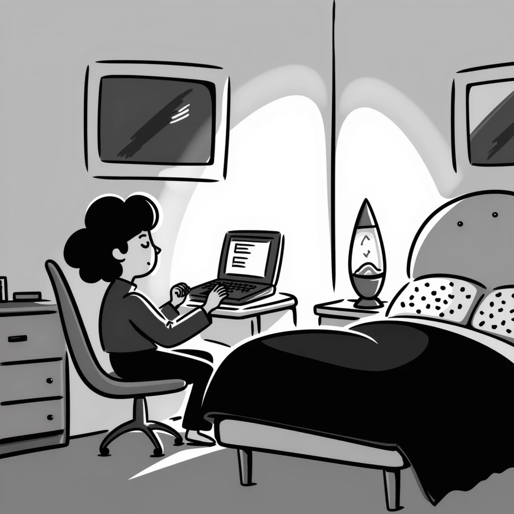 A bedroom lit by a lava lamp and an open laptop running early 2000s MSN Messenger

 emoji