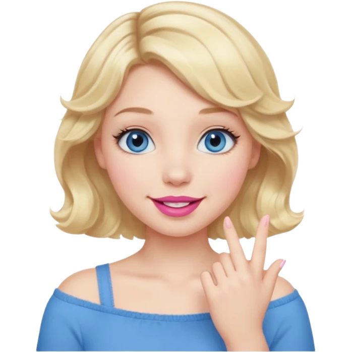 Girl Blonde short wavy hair,  blue eyes, cute blue top, long lashes, pink lips, smiling, hand over the mouth emoji